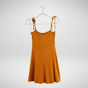 Forever 21 Tie Strap Ribbed Mini Skater Dress Mustard Yellow Size Small